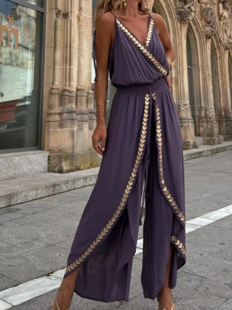 Fashion Spaghetti Strap Jumpsuit For Women Casual V Neck Patchwork High Waist Wide Leg Pants Jumpsuits Lady Boho Holiday Clothes