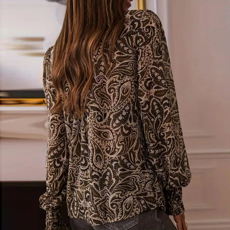 2025 Vintage Printed Loose Woman Clothing Spring Fashion V Neck Lace-up Top Blouse New Autumn Long Sleeve Casual Shirts Harajuku